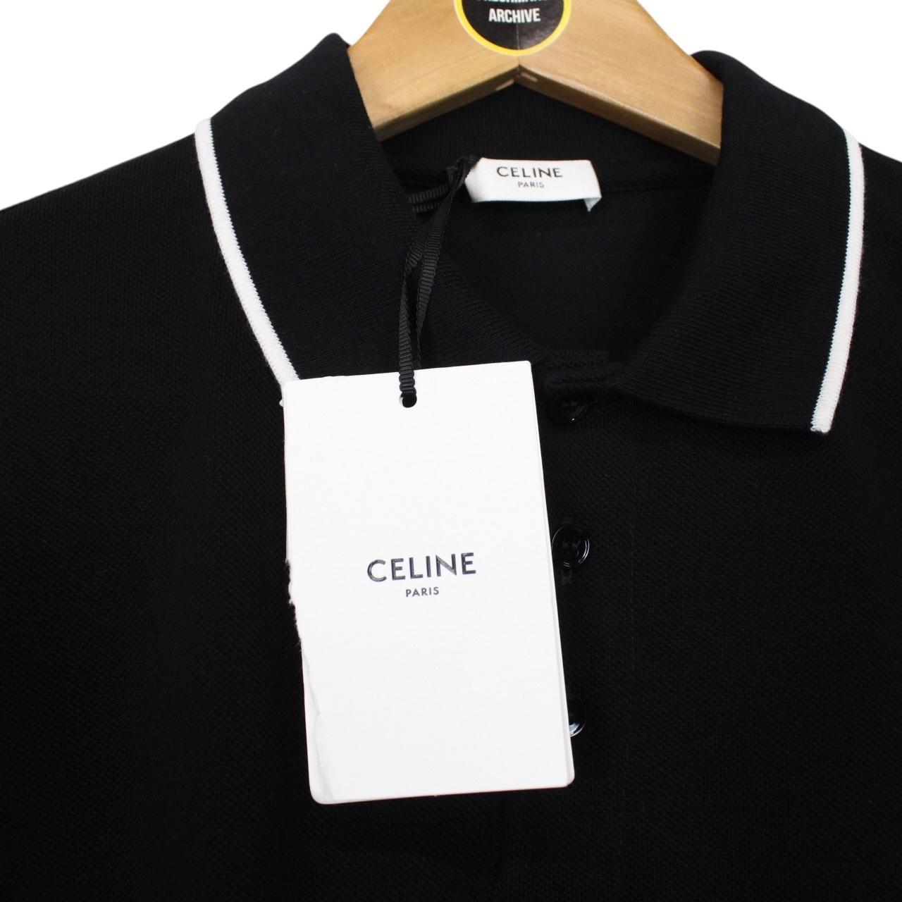Celine Black and White Logo Embroidered Short Sleeve Cotton Polo Shirt