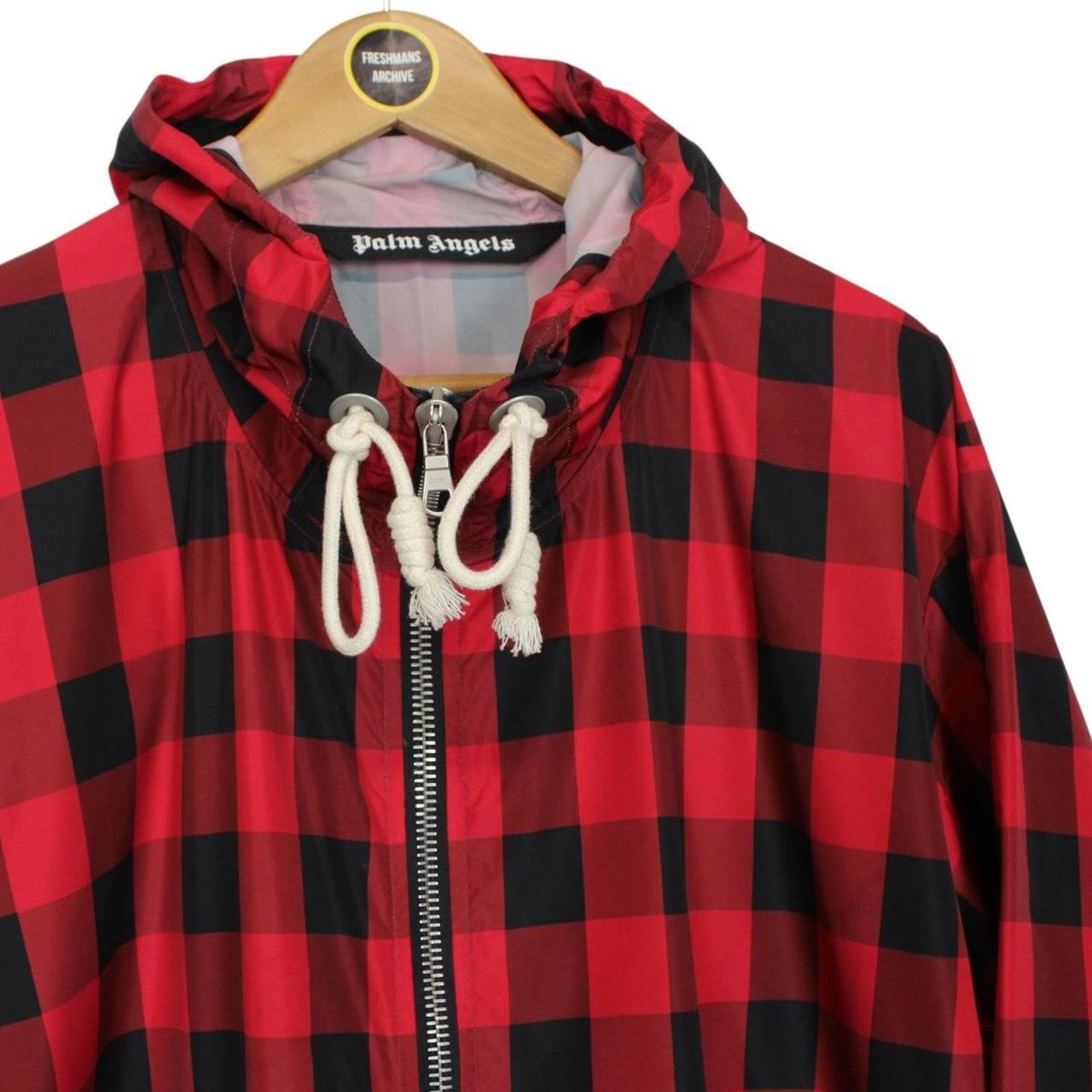 Palm Angels Red and Black Buffalo Check Full Zip Hooded Jacket