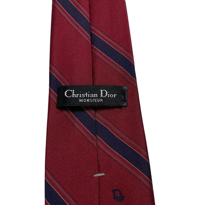 Christian Dior burgundy striped polyester tie with faint front mark and vintage style.