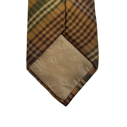 Valentino multicoloured checked silk tie in cream with intricate pattern design.