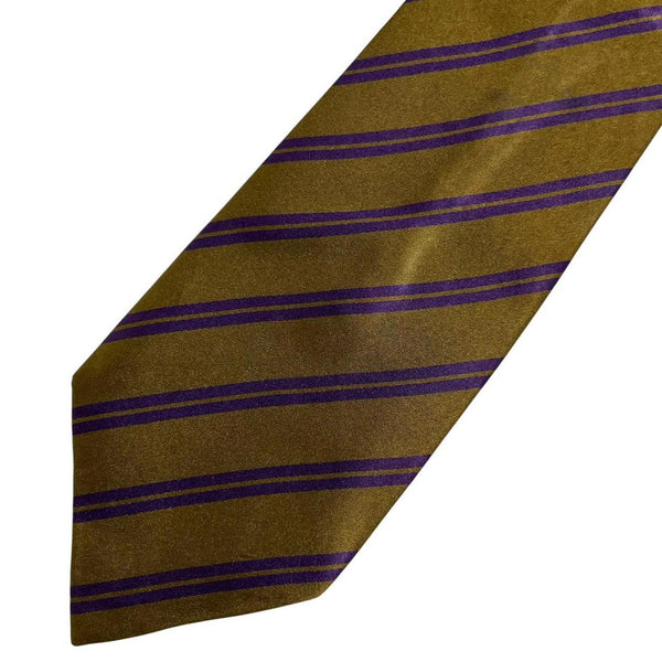 DKNY vintage khaki and purple striped silk tie with diagonal stripes and soft sheen.