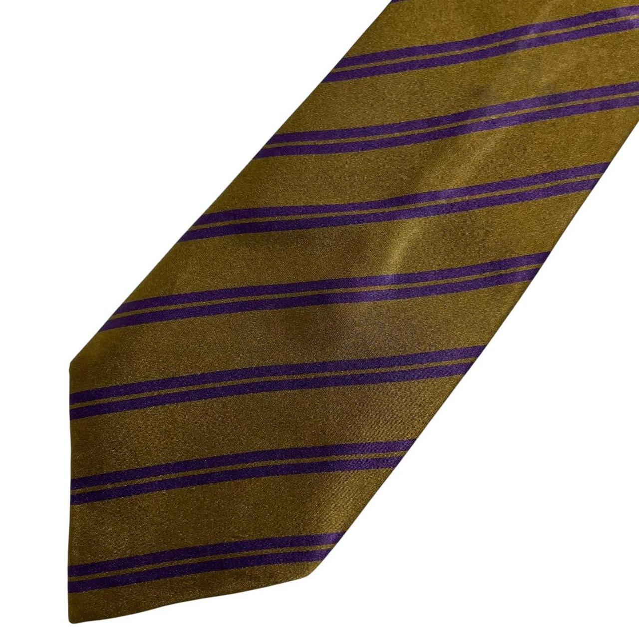 DKNY vintage khaki and purple striped silk tie with diagonal stripes and soft sheen.