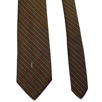 Yves Saint Laurent khaki brown striped tie with elegant pattern and vintage design.