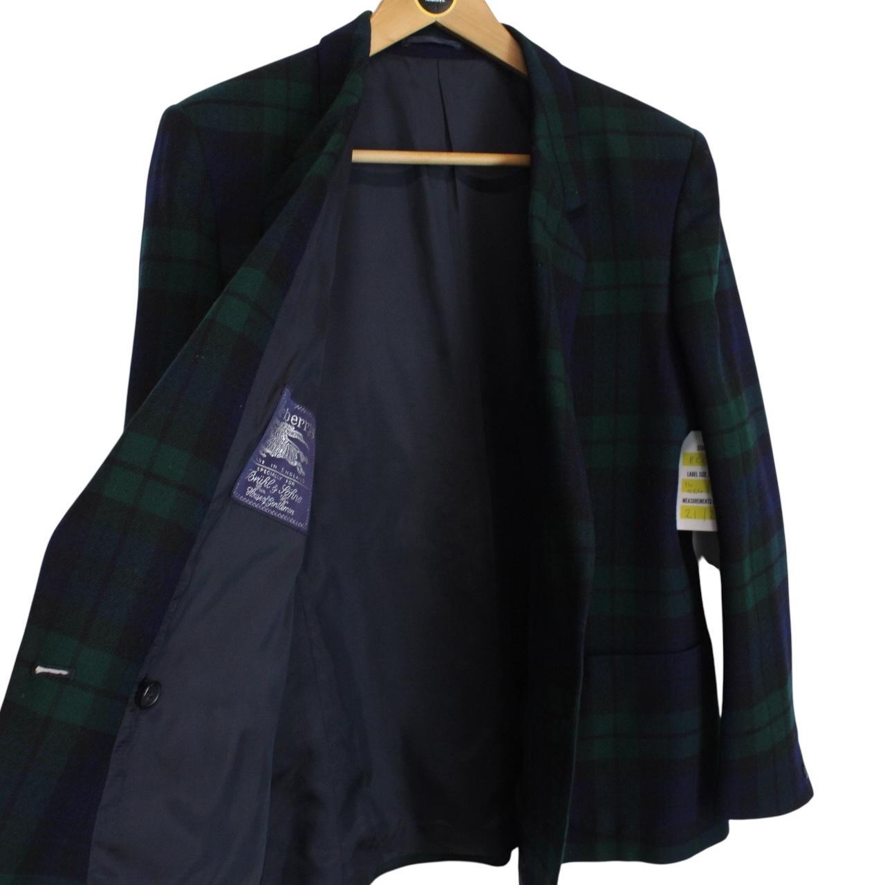 Vintage 90s Burberry Green and Navy Blue Tartan Check Wool Blazer Jacket
