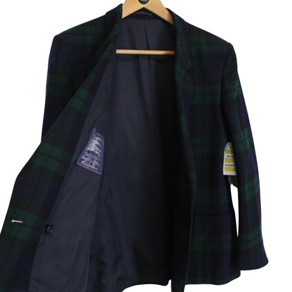 Vintage 90s Burberry Green and Navy Blue Tartan Check Wool Blazer Jacket