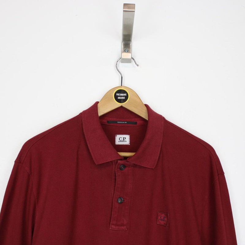 CP Company Burgundy Long Sleeve Piquet Logo Polo Shirt