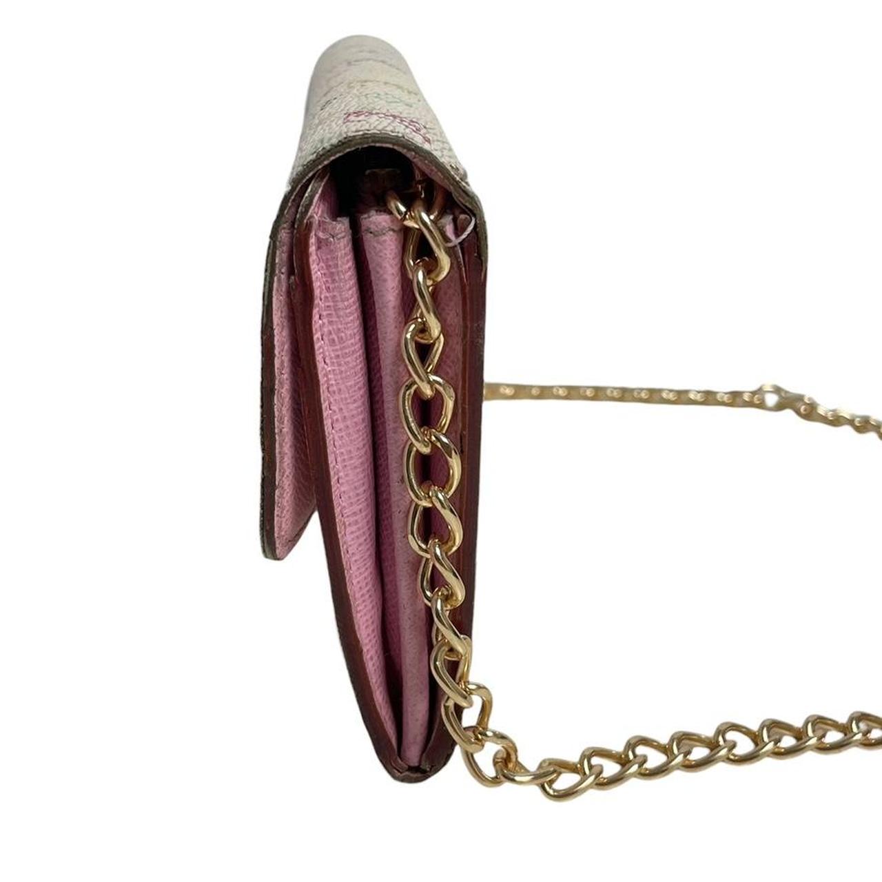 Louis Vuitton white crossbody wallet with multicoloured monogram and gold strap.