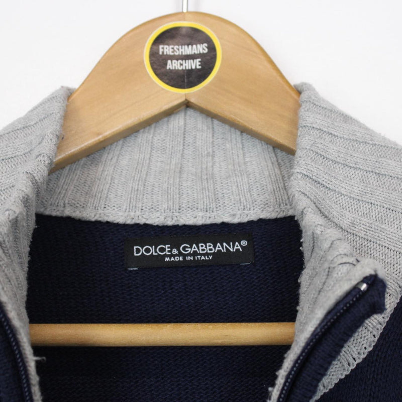 Dolce and Gabbana Navy Blue and Grey Full Zip Cotton Knit Jumper