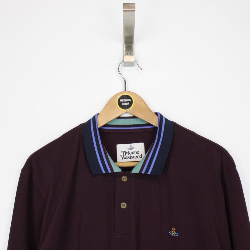 Vivienne Westwood Burgundy Long Sleeve Orb Striped Collar Polo Shirt