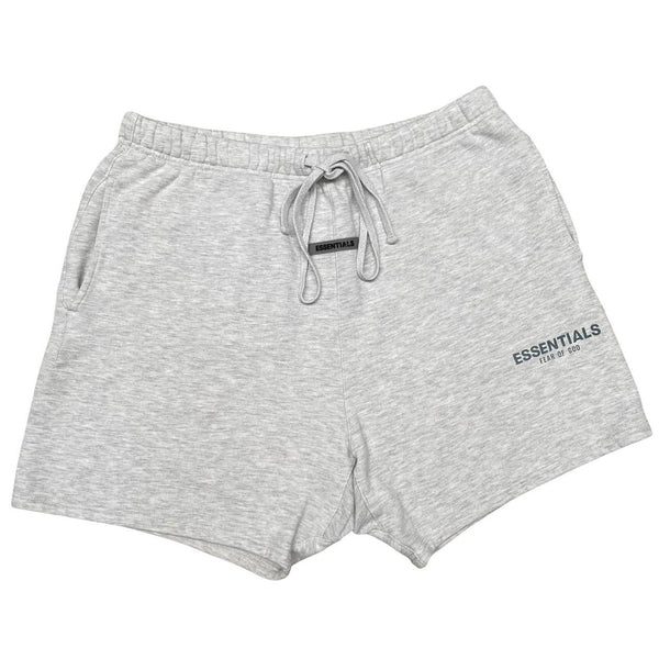 Essentials grey jogger shorts cotton material with logo detail and relaxed fit.