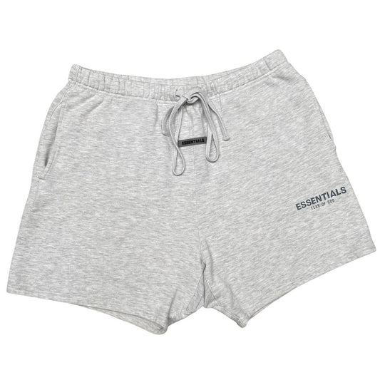 Essentials grey jogger shorts cotton material with logo detail and relaxed fit.