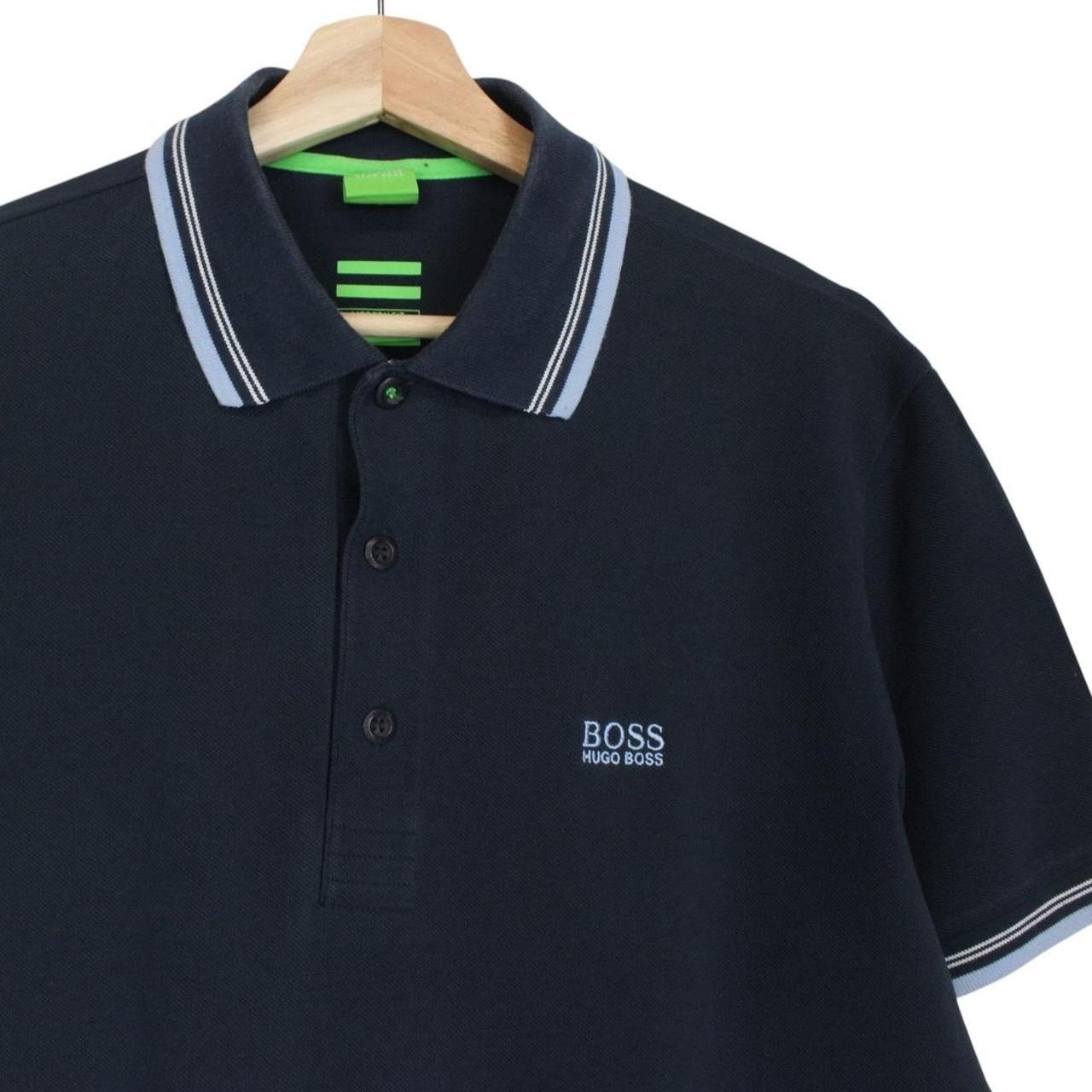 Hugo Boss navy blue short sleeve polo shirt with embroidered logo and cotton material.