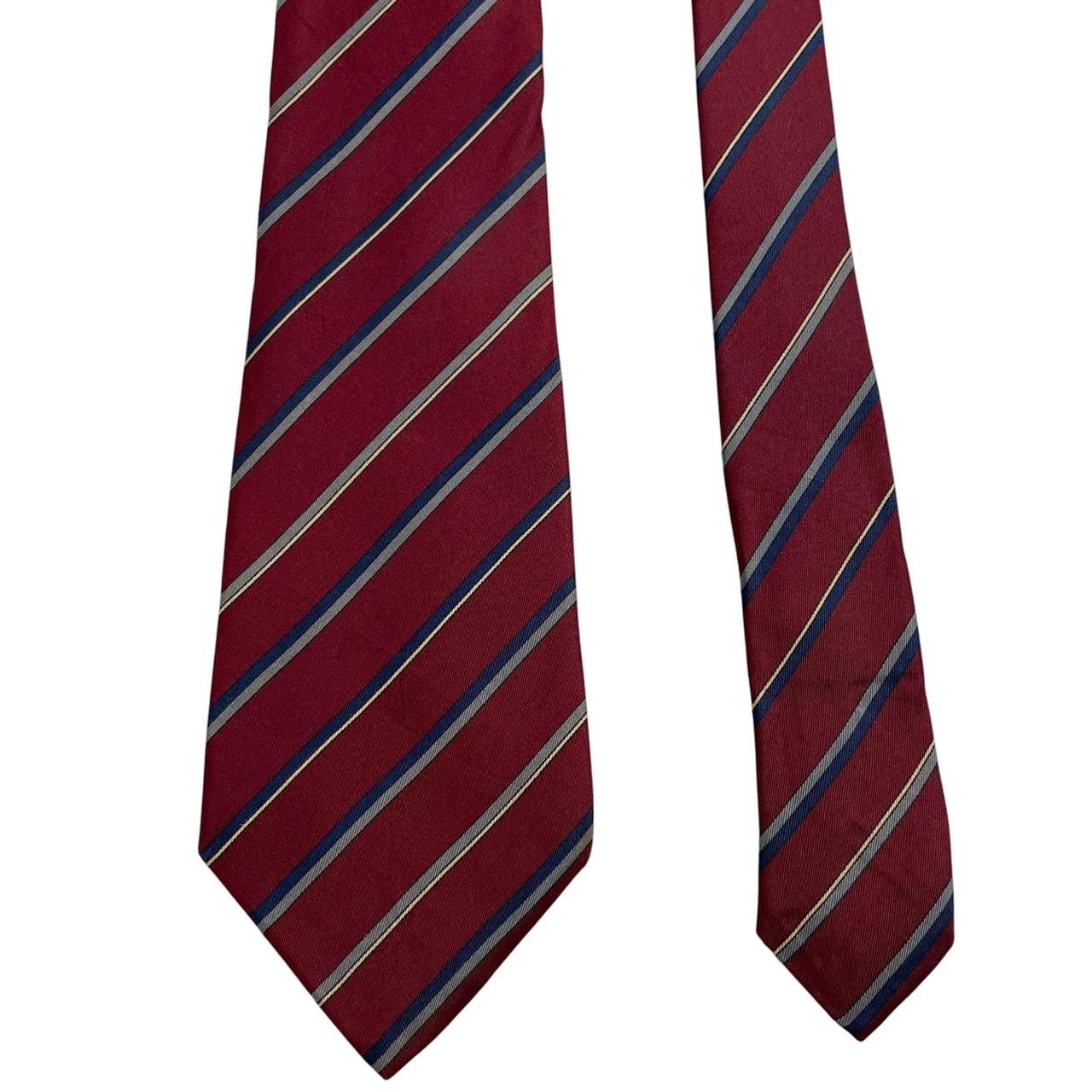 Valentino burgundy silk tie with vintage stripes and logo detail.