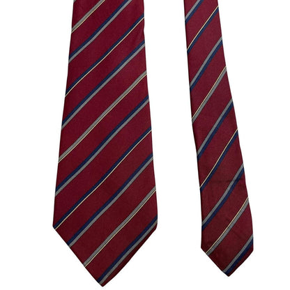 Valentino burgundy silk tie with vintage stripes and logo detail.