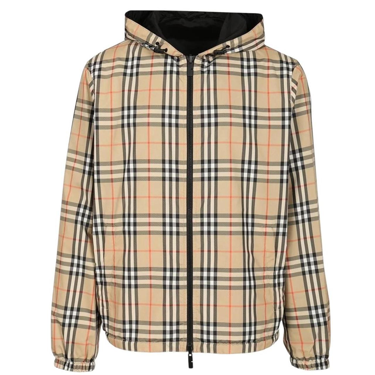 Burberry reversible windbreaker jacket in sand beige and black Nova Check pattern.