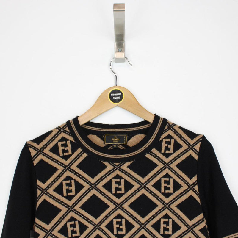 Vintage 90s Fendi Tan Brown and Black Zucca Monogram Short Sleeve Knit Top
