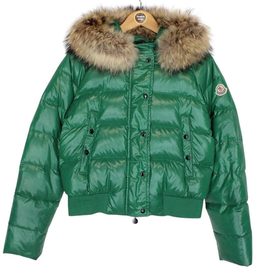 Moncler Green Fur Hooded Nylon Down Puffer Jacket