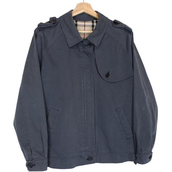 Burberry blue Harrington jacket with Nova Check lining and faint stains on sleeve.