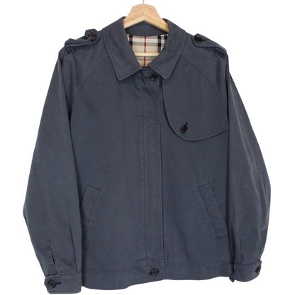 Burberry blue Harrington jacket with Nova Check lining and faint stains on sleeve.