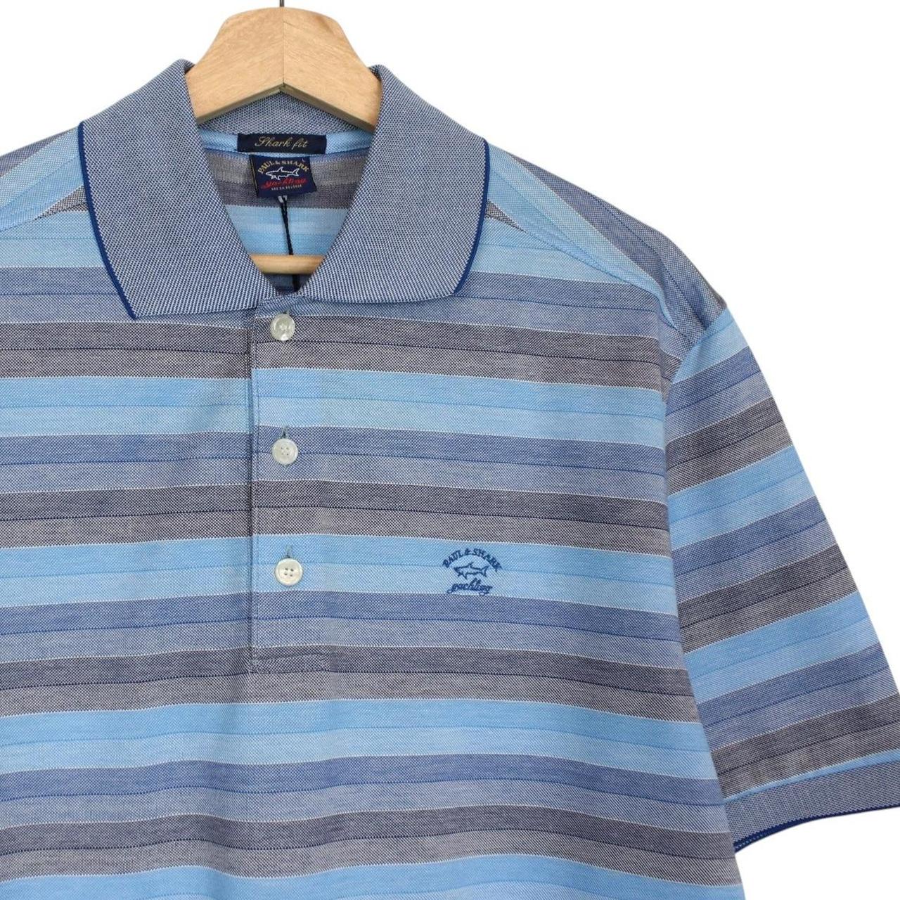 Paul & Shark blue and grey striped short sleeve cotton pique polo shirt with logo.