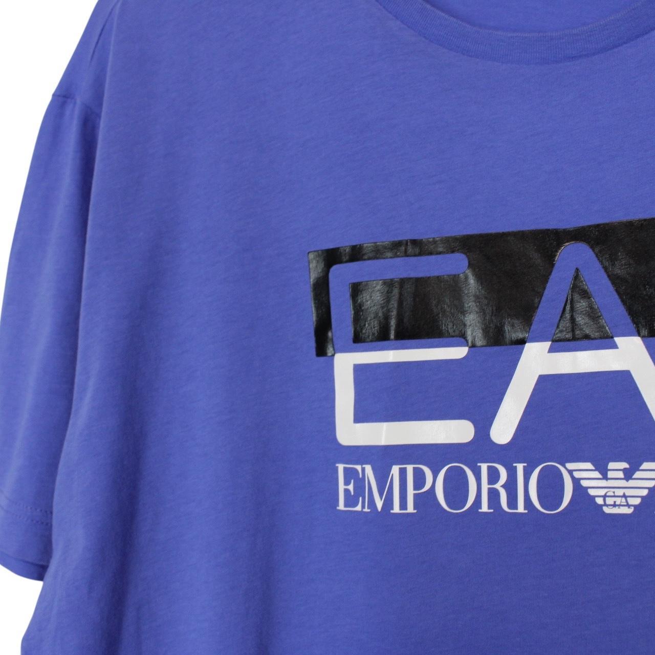 Armani purple short sleeve t-shirt with logo print and cotton material.