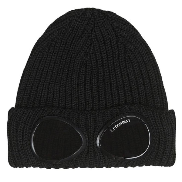 CP Company Black Extra Fine Merino Wool Knit Goggle Beanie Hat