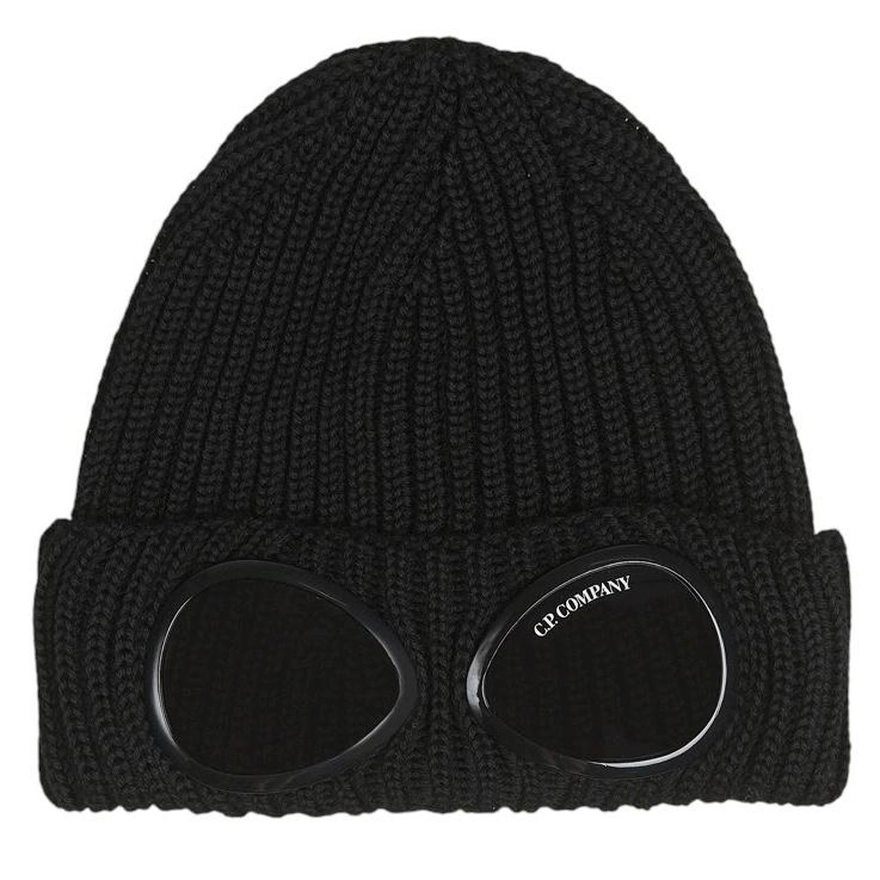 CP Company Black Extra Fine Merino Wool Knit Goggle Beanie Hat