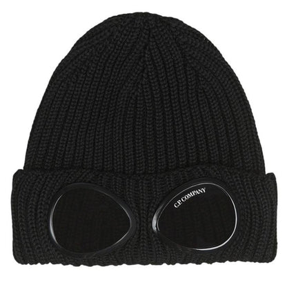 CP Company Black Extra Fine Merino Wool Knit Goggle Beanie Hat