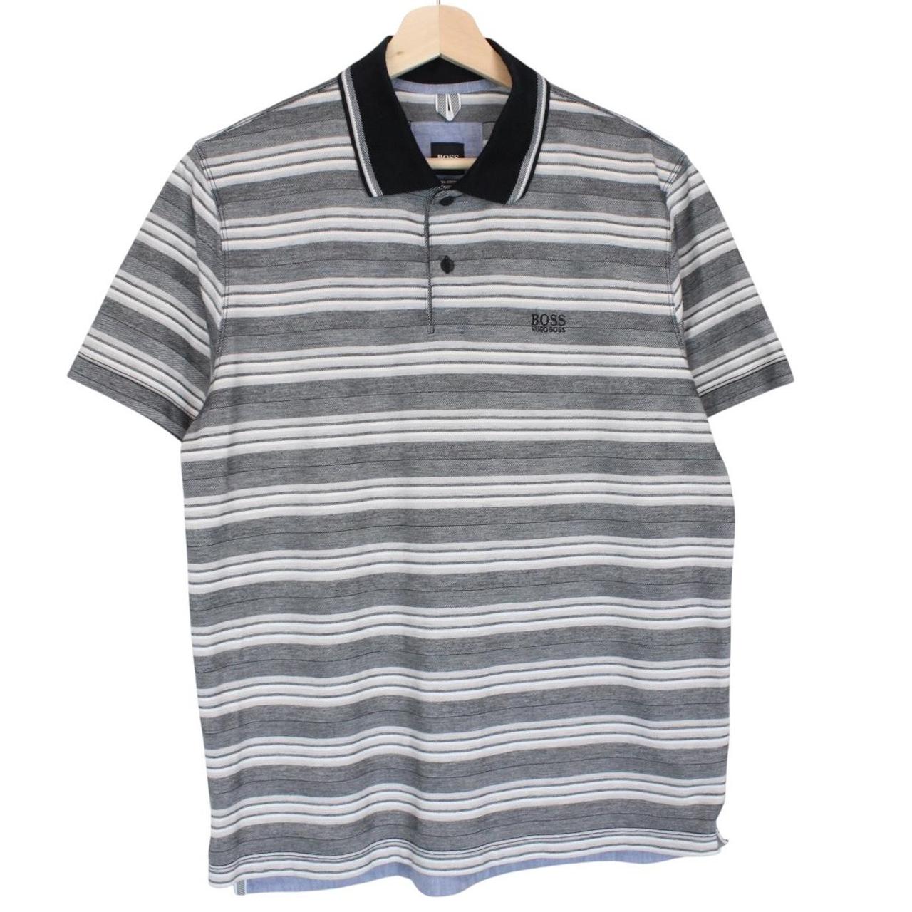 Hugo Boss grey striped short sleeve polo shirt in soft pima cotton fabric.