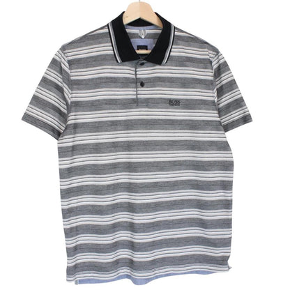 Hugo Boss grey striped short sleeve polo shirt in soft pima cotton fabric.