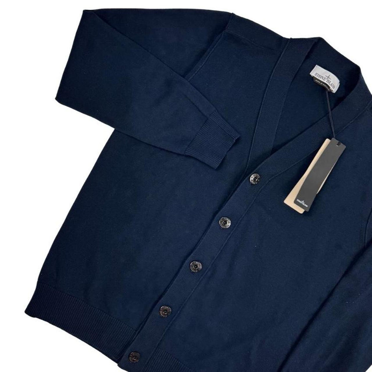 Stone Island navy blue cardigan jumper soft organic cotton with logo badge detail.