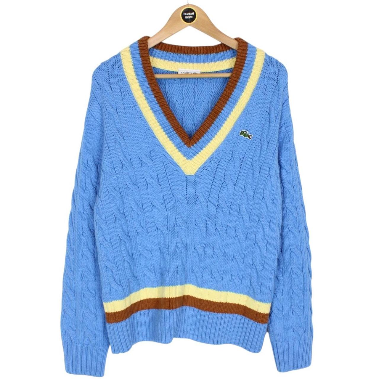 Lacoste Blue Wool Blend Cable Knit V-Neck Sweater Jumper