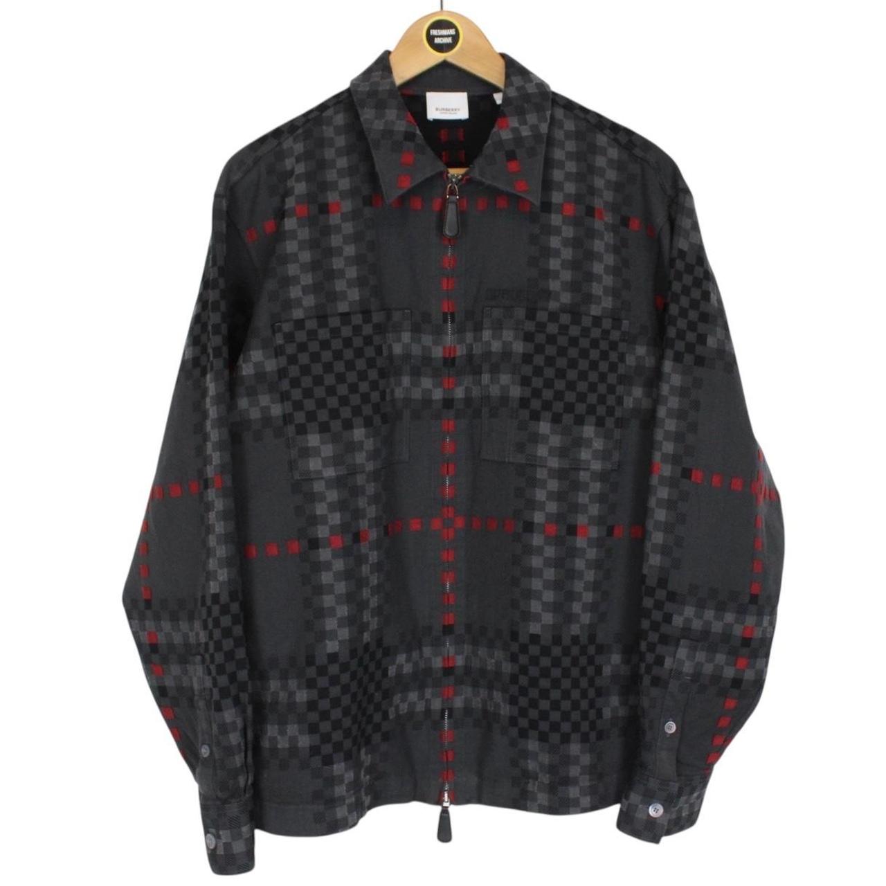 Burberry Dark Grey Pixel Check Wool Blend Full Zip Overshirt