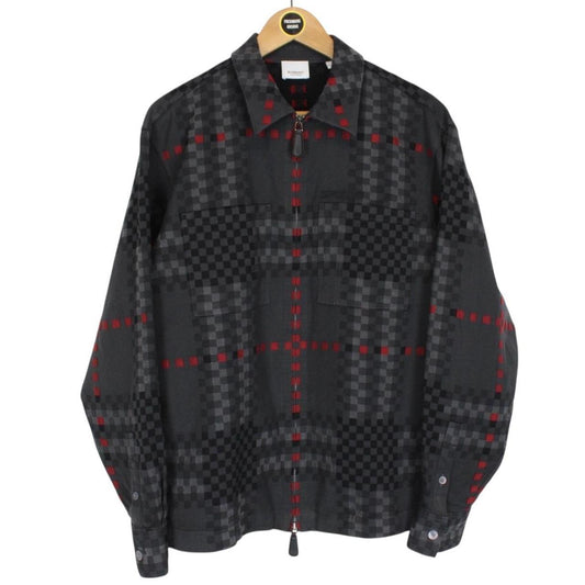 Burberry Dark Grey Pixel Check Wool Blend Full Zip Overshirt