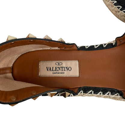 Valentino Garavani Rockstud Black and Brown Leather Espadrille Flat