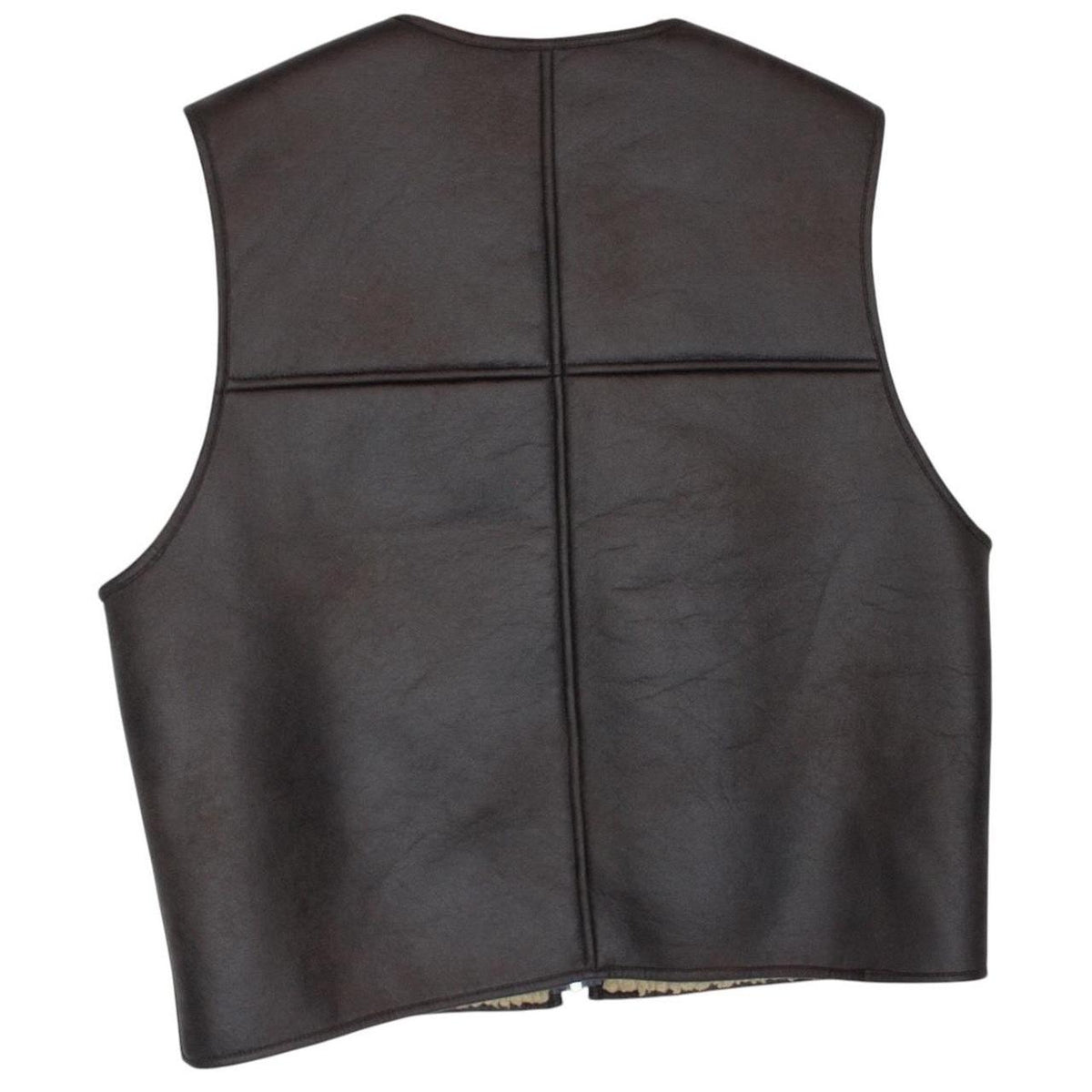 Supreme brown reversible faux shearling work vest with logo patch and textured fabric.