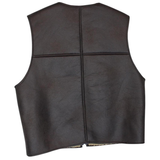 Supreme brown reversible faux shearling work vest with logo patch and textured fabric.