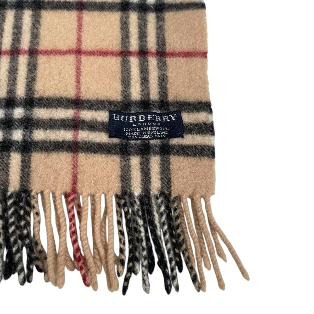 Burberry beige lambswool scarf featuring classic Nova Check pattern.