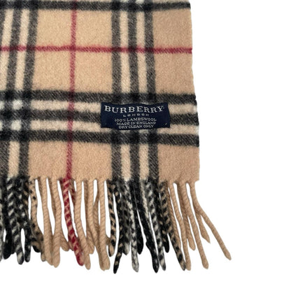Burberry beige lambswool scarf featuring classic Nova Check pattern.