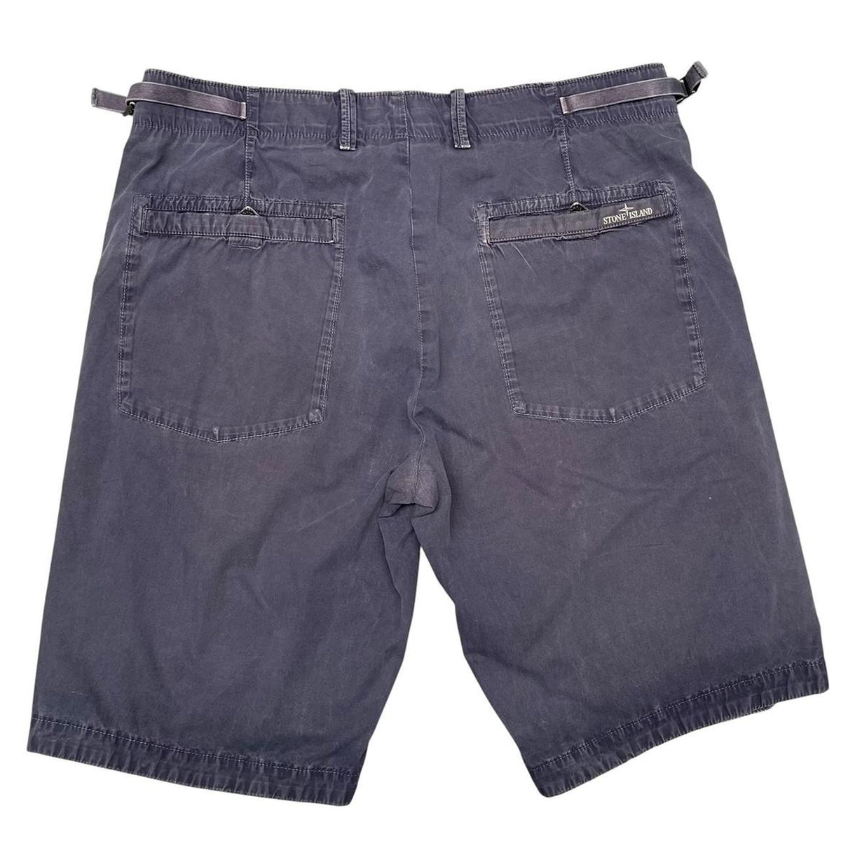 Stone Island navy blue Bermuda shorts with logo patch and cotton material.