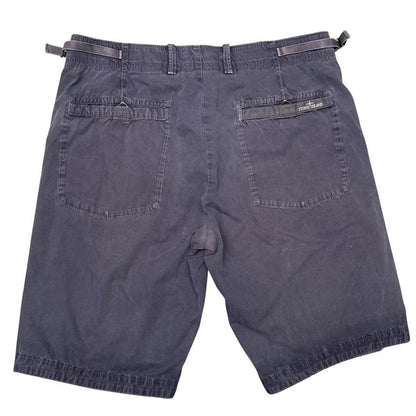 Stone Island navy blue Bermuda shorts with logo patch and cotton material.