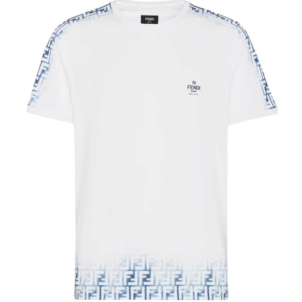 Fendi White and Blue Avio Faded Zucca Monogram Logo Short Sleeve T-Shirt