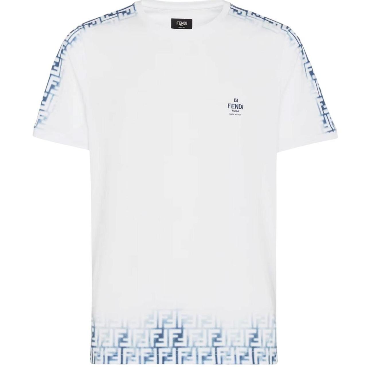 Fendi White and Blue Avio Faded Zucca Monogram Logo Short Sleeve T-Shirt