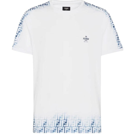 Fendi White and Blue Avio Faded Zucca Monogram Logo Short Sleeve T-Shirt