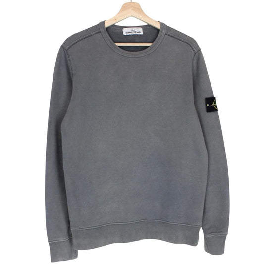 Stone Island grey cotton sweatshirt with embroidered compass logo and slight discolouration.