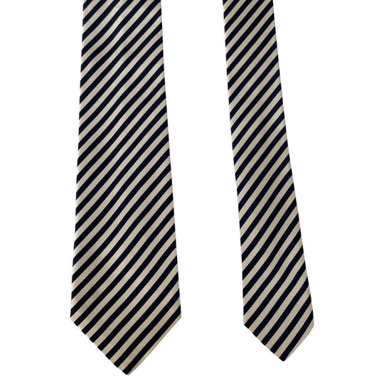 Paul Smith cream and black striped silk tie with logo and brand tags.