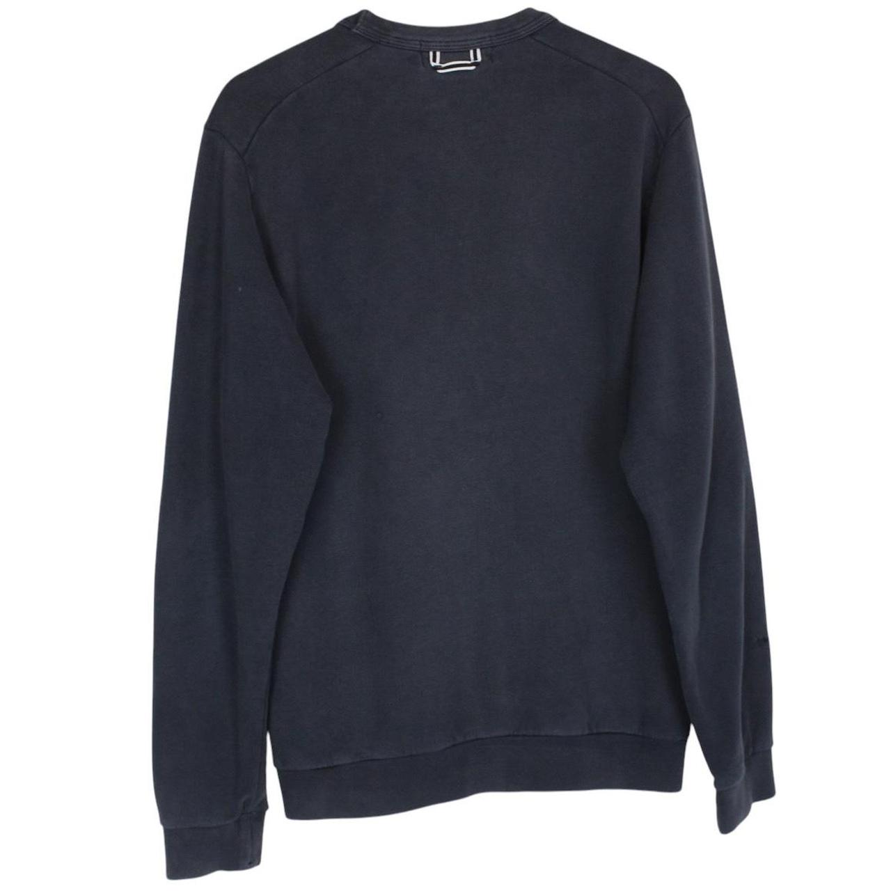 Stone Island navy blue cotton sweatshirt with logo patch and small sleeve repair.