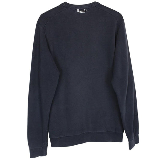 Stone Island navy blue cotton sweatshirt with logo patch and small sleeve repair.