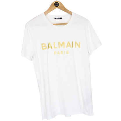 Balmain Paris White and Metallic Gold Logo Print Short Sleeve T-Shirt