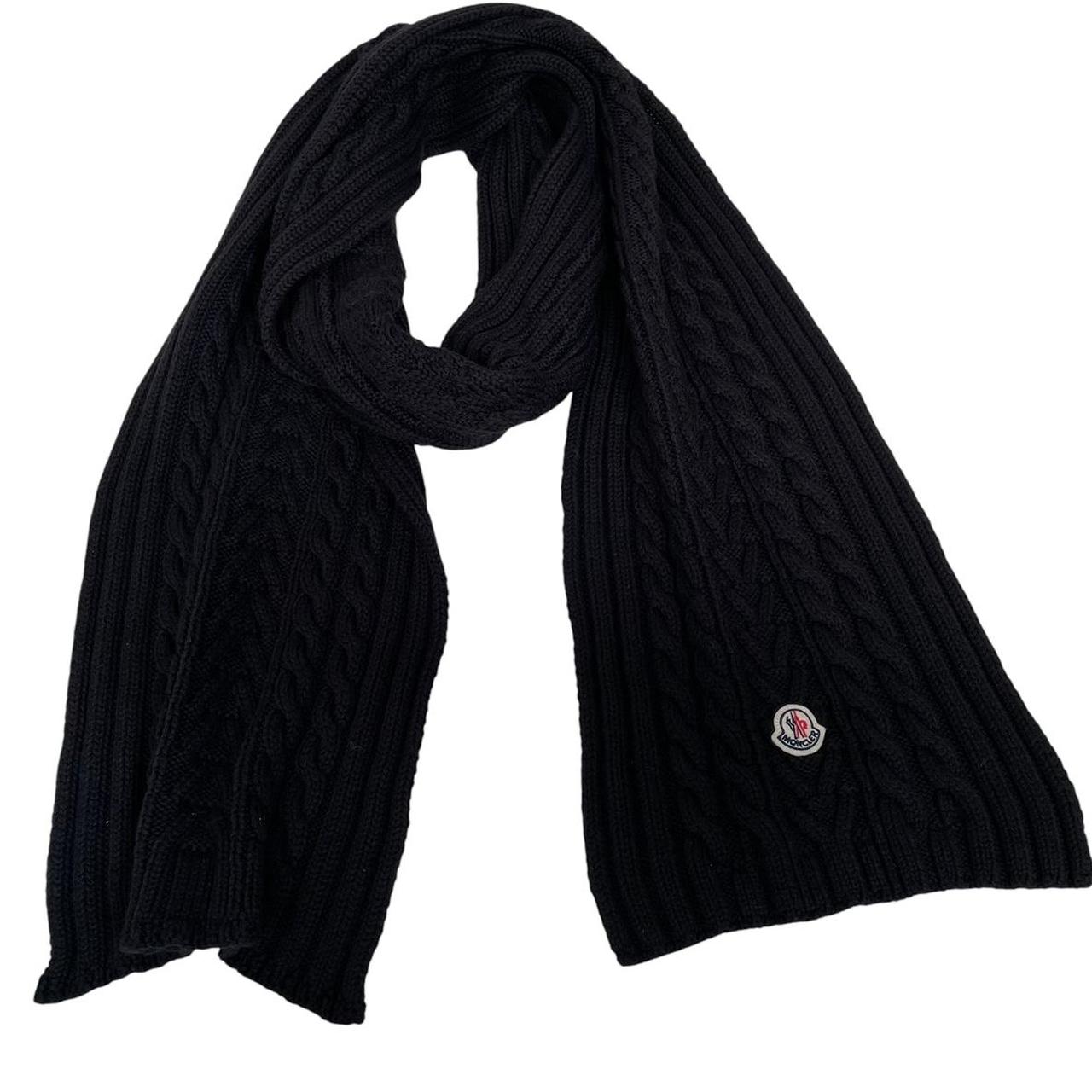 Moncler Black Virgin Wool Cable Knit Logo Scarf